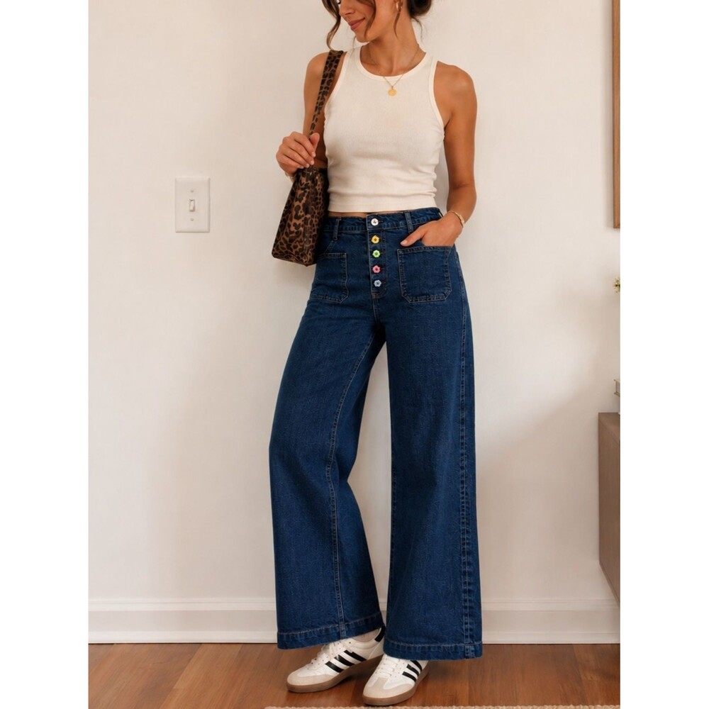 Reformation Victoria High Rise Wide Leg Jeans Patch Pocket Custom Flower Buttons